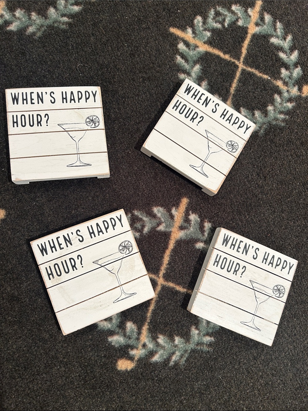 Mud Pie White Wooden "When's Happy Hour?" Coaster Set
